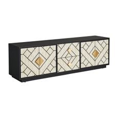 Estila Art deco kovový TV stolík Anisa v čierno-bielom prevedení so zásuvkami a dvierkami so zlatým zdobením 180cm