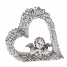 Dekorácia srdca s anjelom, šedá, polyresin, 14,5 x 13,5 x 4 cm