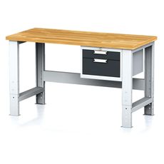 Nastaviteľný dielenský stôl MECHANIC I, závesný box na náradie, 2 zásuvky, 1500x685x700-1055 mm, antracitové dvere