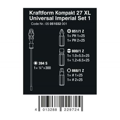 Wera 051032 Držiak bitov 300 mm Kraftform Kompakt 27 XL Univerzálna imperiálna sada 1 vrátane bitov (sada 7 kusov)