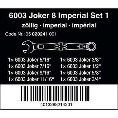 Wera 020241 Kľúče 5/16 ÷ 3/4" palca 6003 Joker 8 Imperial Set 1 (sada 8 kusov)