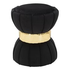 Estila Dizajnová art deco čalúnená čierna taburetka Glamia Tapisé so zlatým prvkom a ozdobným prešívaním 40 cm