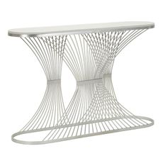 Estila Dizajnový art deco oválny konzolový stolík Fascinio so striebornou geometrickou podstavou a bielou mramorovou doskou 120 cm