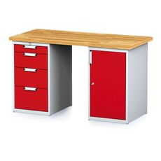 Dielenský stôl MECHANIC I so zásuvkovým boxom a skrinkou na náradie miesto nôh, 4 zásuvky, 1500 x 685 x 880 mm, červené dvere