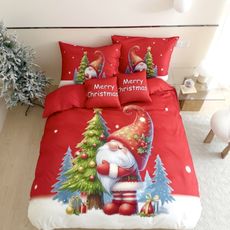 3 dielne Vianočné Flanelové obliečky 3D polycotton Červený Trpaslík 200x140cm+90x70cm TiaHome