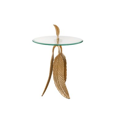 Estila Art-deco okrúhly príručný stolík Pluma so sklenenou vrchnou doskou a podstavou s dizajnom pierok v zlatej farbe 45 cm