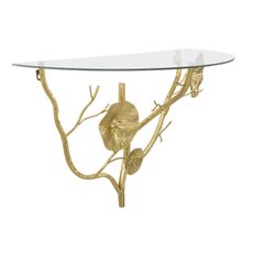 Estila Dizajnová glamour nástenná konzola Natura Elegante so sklenenou polkruhovou doskou a zlatou florálnou konštrukciou 60 cm