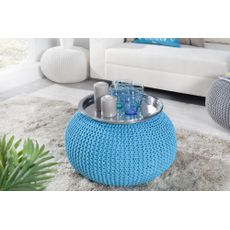 Estila Moderná okrúhla čalúnená modrá taburetka Stool s pletenou podstavou 45 cm
