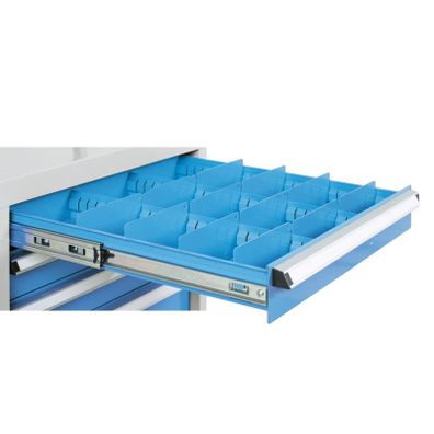 Pracovný stôl do dielne BL so závesným boxom na náradie, MDF + PVC doska, 4 zásuvky, 1500 x 750 x 800 mm