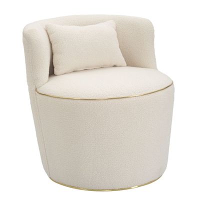 Estila Art deco bouclé okrúhle kreslo Rener bez nožičiek v krémovej farbe so zlatými detailmi 69 cm