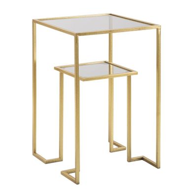 Estila Art deco štvorcový dvojitý príručný stolík Damin s dvomi sklenenými doskami nad sebou s kovovou zlatou konštrukciou 60 cm