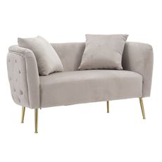 Estila Art deco obdĺžniková sivá čalúnená dvojmiestna sedačka Lienne a oblými opierkami na zlatých nožičkách 127 cm