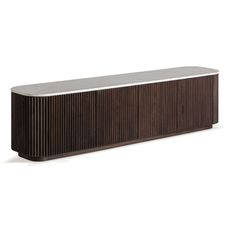 Estila Luxusný art deco hnedý štvordverový mramorový TV stolík Acordeo s lamelmi s vrchnou bielou doskou