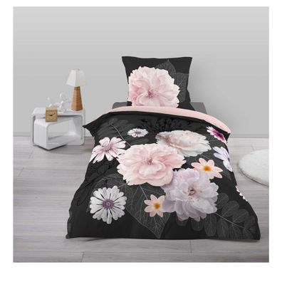 Čierne/ružové bavlnené obliečky na jednolôžko 140x200 cm Floral – douceur d'intérieur