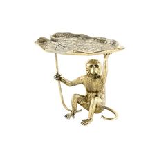 Estila Štýlový art deco príručný kovový stolík Monkey s prírodnými motívmi v podobe listu a opice v zlatej antickej farbe 55 cm
