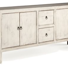 Estila Luxusný vintage štvordverový biely masívny obdĺžnikový príborník Musaha s patinou a dvomi zásuvkami s čiernymi úchytkami 220 cm