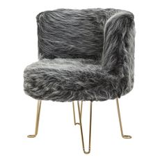Estila Art deco okrúhle sivé kreslo Menia s kožušinou s kovovými zlatými nožičkami 80 cm