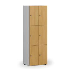 Drevená šatníková skrinka s úložnými boxmi, 6 boxov, otočný zámok, sivá/buk
