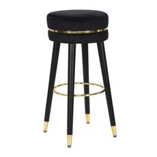 Estila Art deco glamour barová stolička Laurentia s čiernym zamatovým sedadlom so zlatým detailom a čiernymi kovovými nožičkami 74 cm