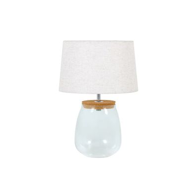 Estila Štýlová sklenená stolná lampa Clasico s nohou v podobe priesvitnej nádoby s valcovým béžovým tienidlom 60 cm