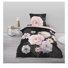 Čierne/ružové bavlnené obliečky na jednolôžko 140x200 cm Floral – douceur d'intérieur