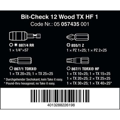 Wera 057435 Skrutkovacie bity 1/4" Bit-Check 12 Wood TX HF 1 (sada 12 kusov)