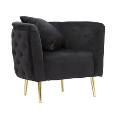 Estila Art deco zaoblené prešívané čalúnené kreslo Zeran so zamatovým poťahom v čiernej farbe so zlatými kovovými nožičkami 76 cm