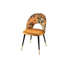Estila Čalúnená art deco stolička Floreque v zlato-žltej farbe s tropickým vzorom a čiernymi nožičkami 83cm