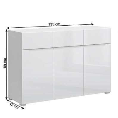 KONDELA Jolk 3D3S trojdverová komoda so zásuvkami biela / biely lesk