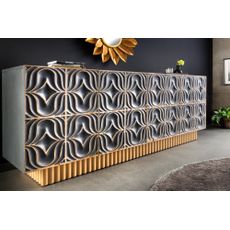 Estila Luxusný sivo zlatý art deco štvordverový príborník Arix s vyrezávaným ornamentálnym zdobením 177 cm
