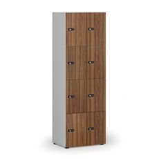 Drevená šatníková skrinka s úložnými boxmi, 8 boxov, mechanický kódový zámok, sivá/orech