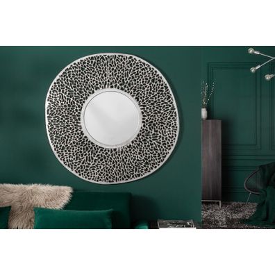 Estila Art-deco okrúhle nástenné zrkadlo Hoja z kovovej zliatiny v striebornej farby 112cm