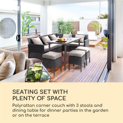 Blumfeldt Titania Dining Lounge Set, záhradné sedenie, rohová súprava, stôl, stolčeky, čierna