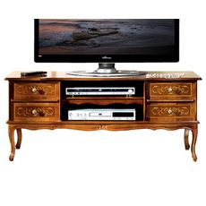 Estila Masívny luxusný klasický TV stolík Clasica so štyrmi zásuvkami a dvomi poličkami s rustikálnym zdobením 123cm