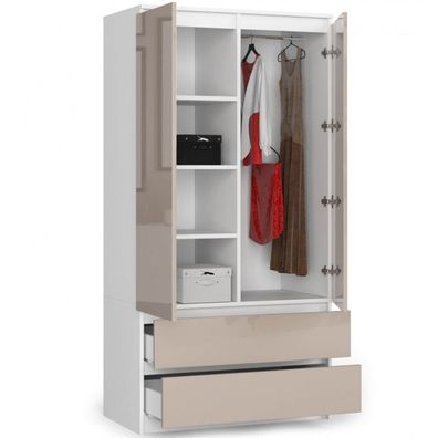 Šatníková skriňa S90 2 dvierka 2 zásuvky biela/cappuccino lesk