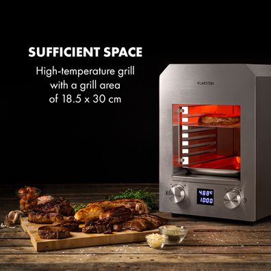 Klarstein Hannibal, vysokoteplotný gril, 2200 W, 850 °C, interiérový, nehrdzavejúca oceľ, strieborný