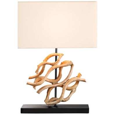 Estila Stolná lampa Rilyn vo vidieckom štýle s dekoračným detailom z teakového dreva a béžovým tienidlom 57 cm