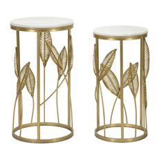 Estila Art deco set dvoch okrúhlych príručných zlatých kovových stolíkov Natura Elegante s bielou doskou a zlatými listami 65 cm