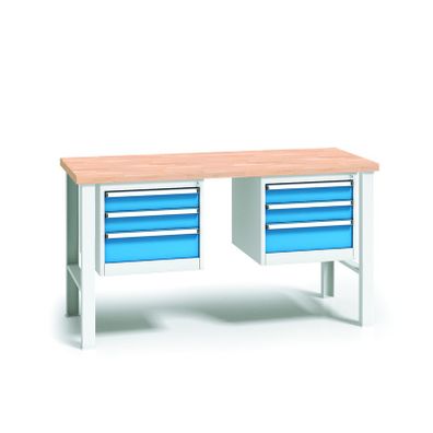 Pracovný stôl do dielne WL s 2 závesnými boxami na náradie, buková škárovka, 6 zásuviek, pevné kovové nohy, 1700 mm