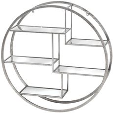 Estila Dizajnová art deco nástenná závesná okrúhla kovová strieborná päťstupňová polička Circle so zrkadlovými doskami 92 cm
