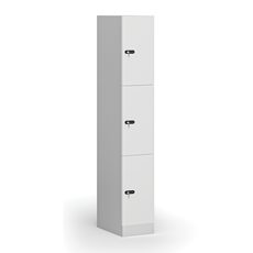 Šatníková skrinka s úložnými boxmi, 3 boxy, 1850 x 300 x 500 mm, mechanický kódový zámok, laminované dvere, biela