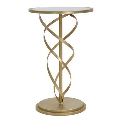 Estila Art deco príručný stolík Amadora so zlatou nohou s špirálovým detailom a bielou sklenenou doskou s mramorovým vzorom 61 cm