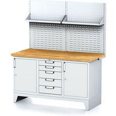 Dielenský stôl MECHANIC I , perforovaný panel, polica, 2 skrinky a zásuvkový box na náradie, 5 zásuviek, 1500x685x880 mm, sivé dvere