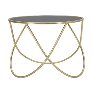 Estila Art deco okrúhly zlatý kovový konferenčný stolík Lenim s nohou s ohnutých tyčí a s vrchnou sklenenou čiernou doskou 60 cm