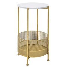 Estila Art deco príručný stolík Amadora so zlatou kovovou konštrukciou a okrúhlou sklenenou doskou s bielym mramorovým vzorom 62 cm