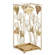 Estila Dizajnový glamour štvorcový stojan na dáždniky Natura Elegante so zlatým kovovým rámom a dekoratívnym vzorom lístia 48 cm
