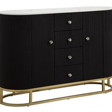 Estila Luxusný art deco dvojdverový príborník Glamia Tapisé so štyrmi zásuvkami s čiernym poťahom a bielou mramorovou doskou 120 cm
