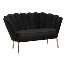 Estila Art deco dvojmiestna čalúnená zamatová sedačka Perla s prešívaným čiernym poťahom so zlatými kovovými nožičkami 136 cm