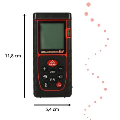 Digitálny laserový merač vzdialenosti vodotesný IP54 3mm/60m batériovo napájaný