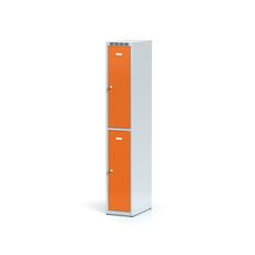 Kovová šatníková skrinka s úložnými boxami, 2 boxy, 1800 x 300 x 500 mm, cylindrický zámok, oranžové dvere